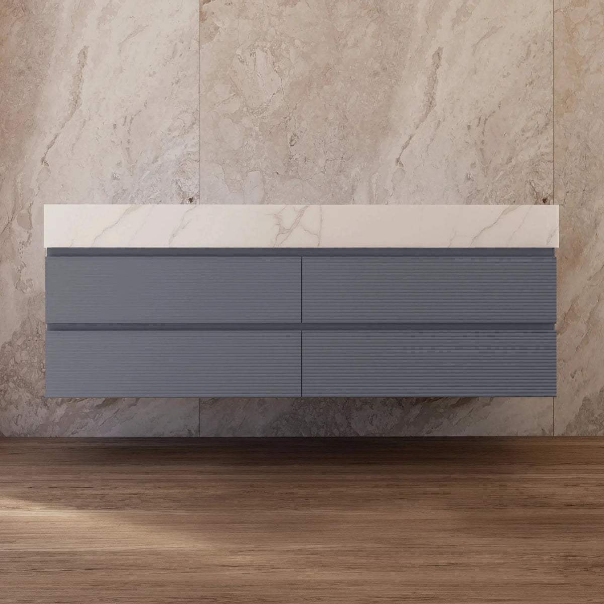 Aventino 60-inch Calacatta Gold fluted floating double-sink vanity — sintered stone top