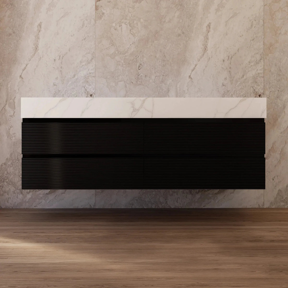 Aventino 60-inch Calacatta Gold fluted floating double-sink vanity — sintered stone top