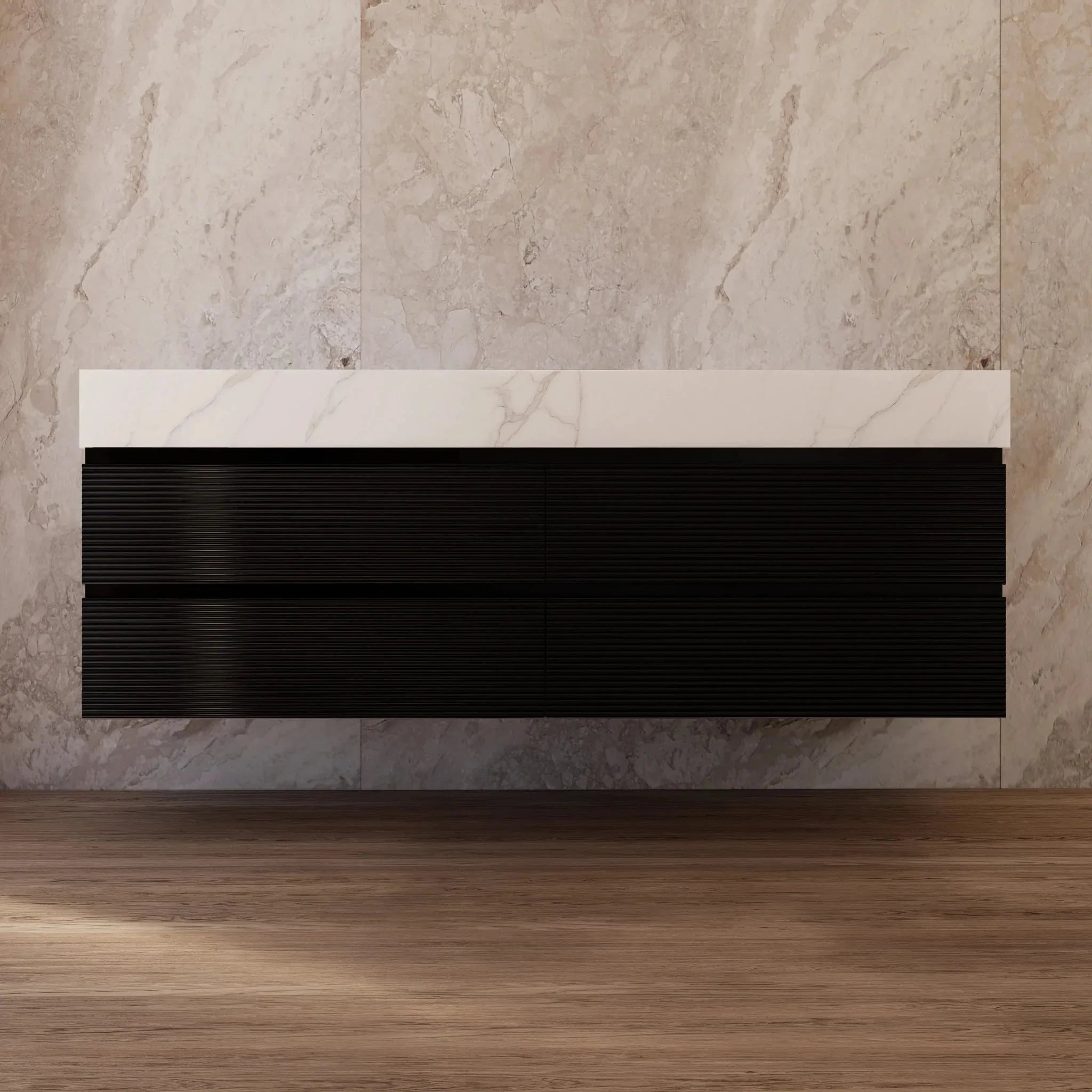 Aventino 60" Black Fluted Floating Double-Sink Vanity with Sintered Stone Top