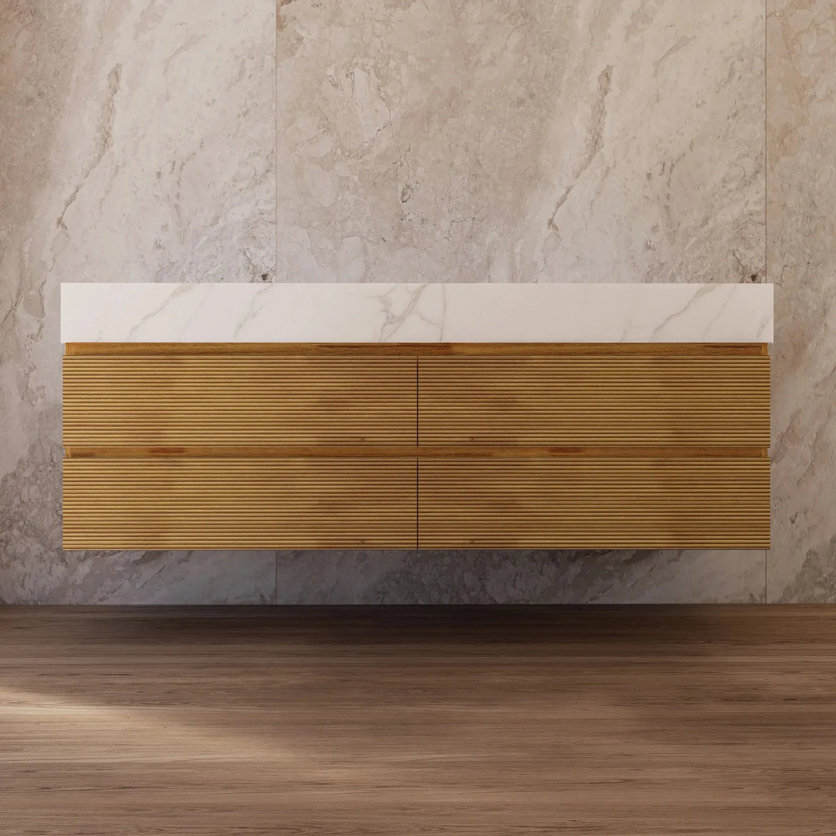 Aventino 60-inch natural-oak fluted floating double-sink vanity with calacatta gold sintered stone top
