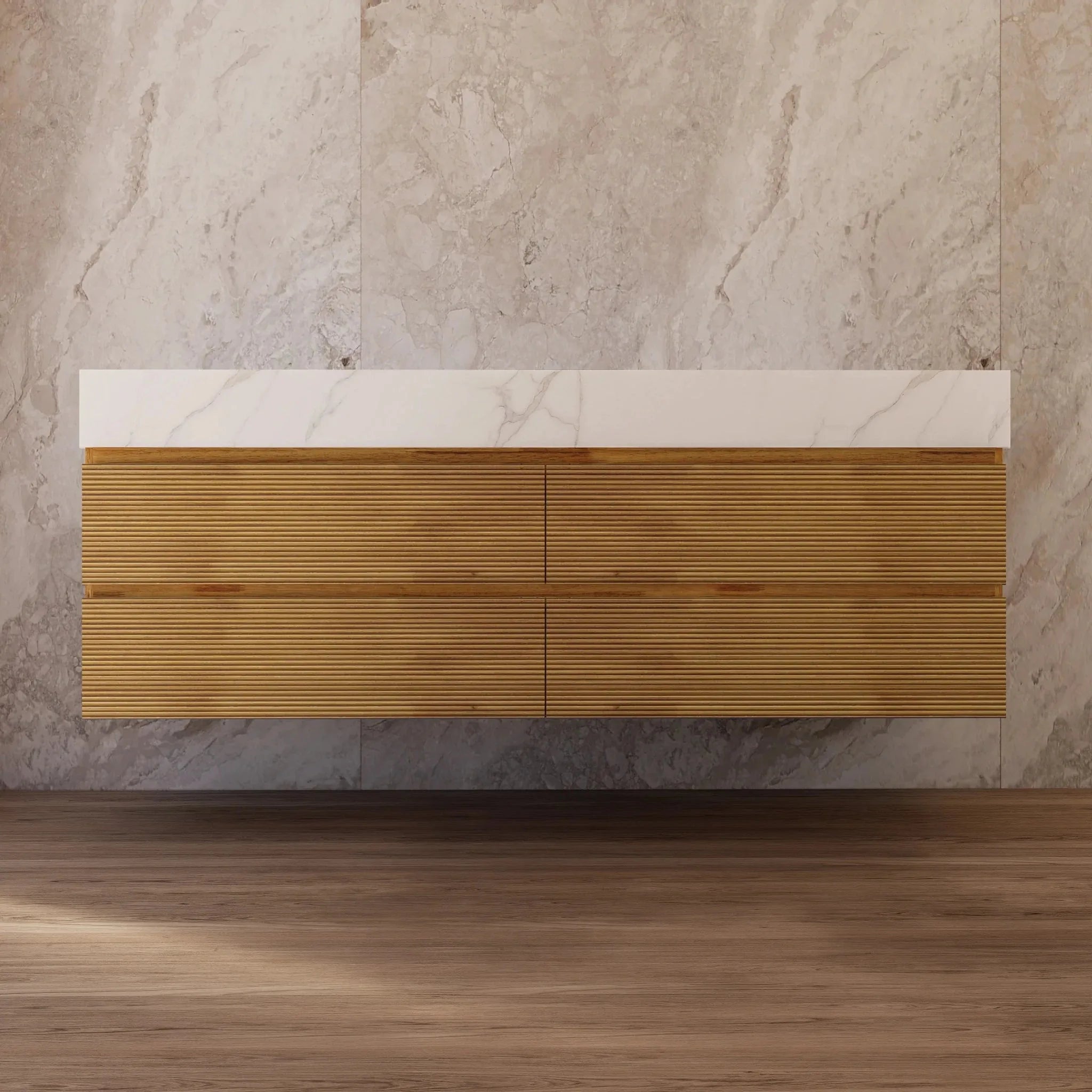 Aventino 60" Oak Fluted Floating Double-Sink Vanity with Sintered Stone Top