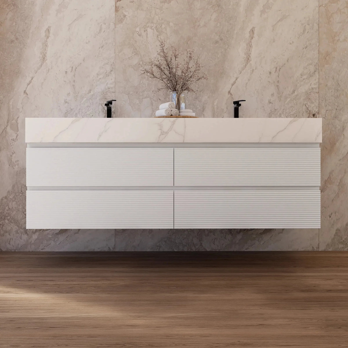 Aventino 60-inch calacatta gold Fluted floating double-sink vanity — sintered stone top
