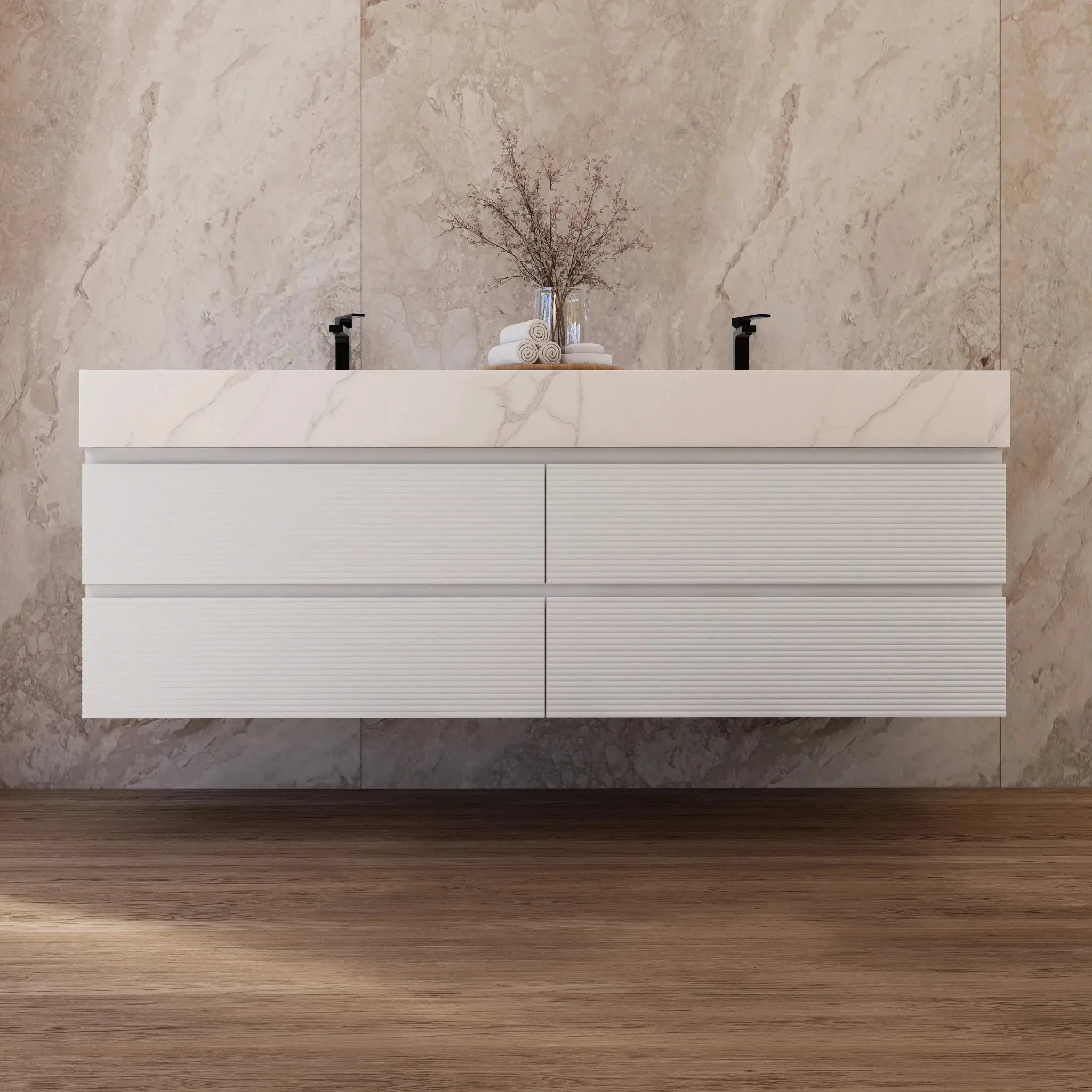 Aventino 60" White Fluted Floating Double-Sink Vanity with Sintered Stone Top