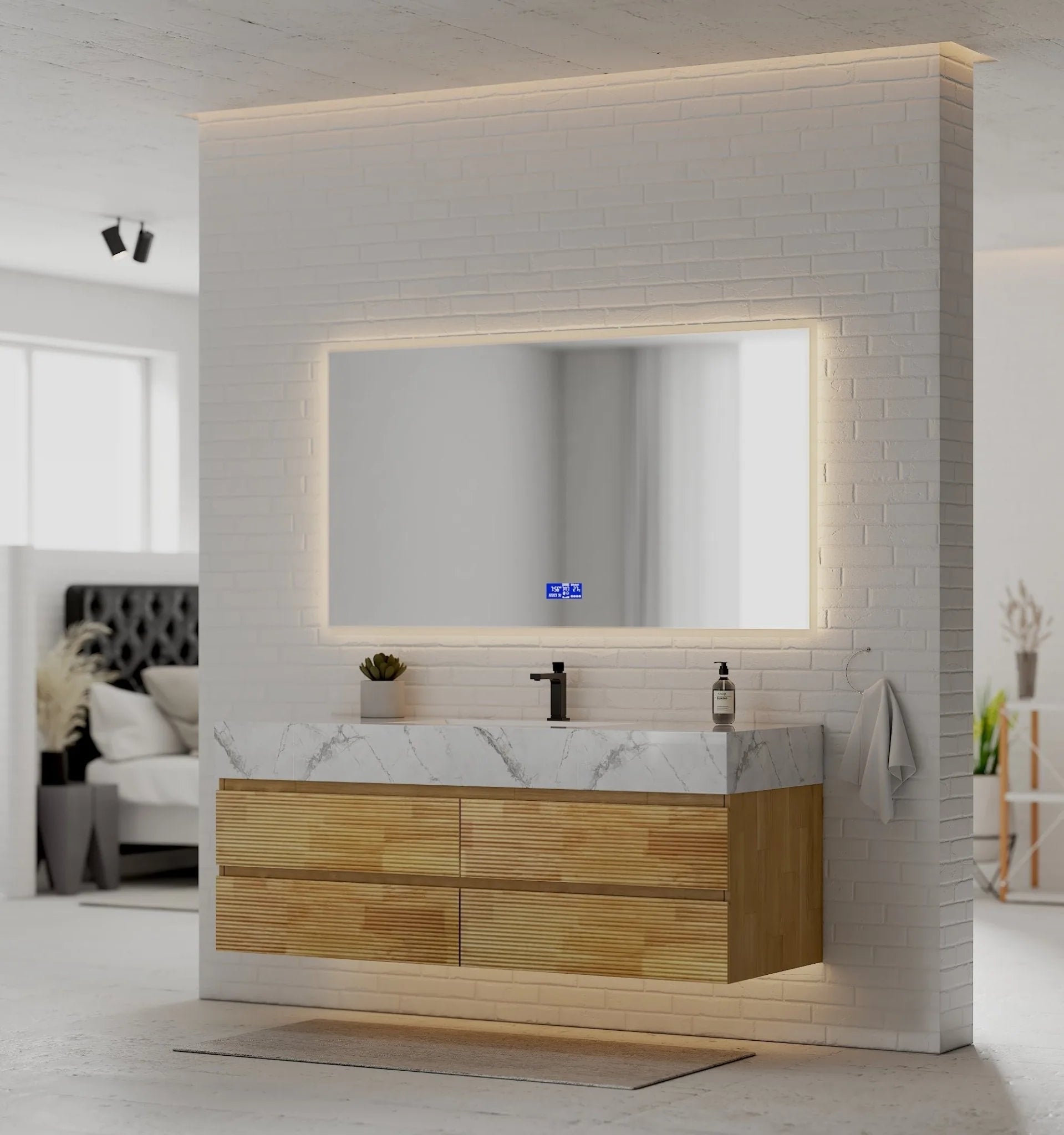 Aventino 60" Black Marquina Gold Veins Natural Oak Floating Single-Sink Vanity with Four Drawers