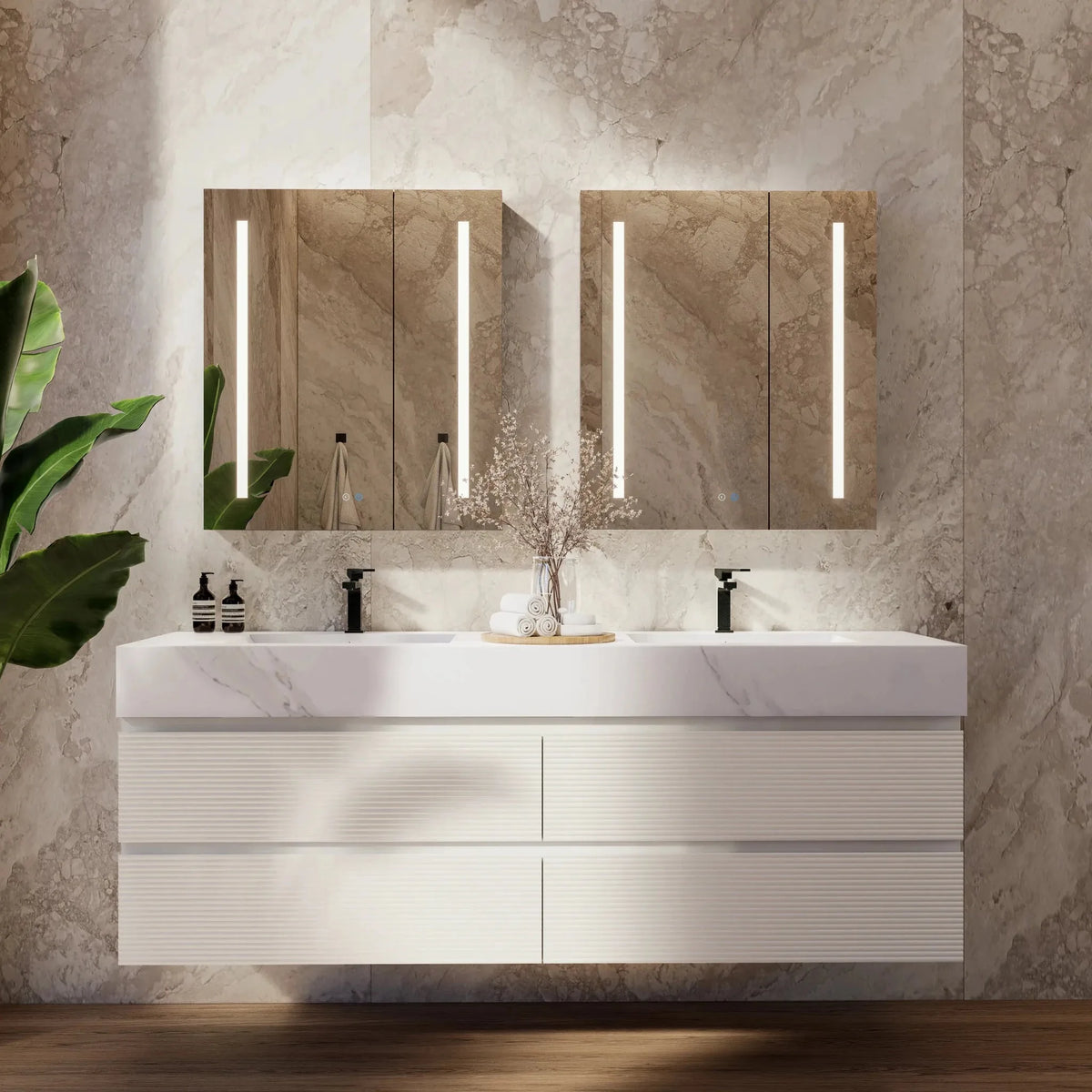 Aventino 60-inch gallery Fluted floating double-sink vanity — sintered stone top
