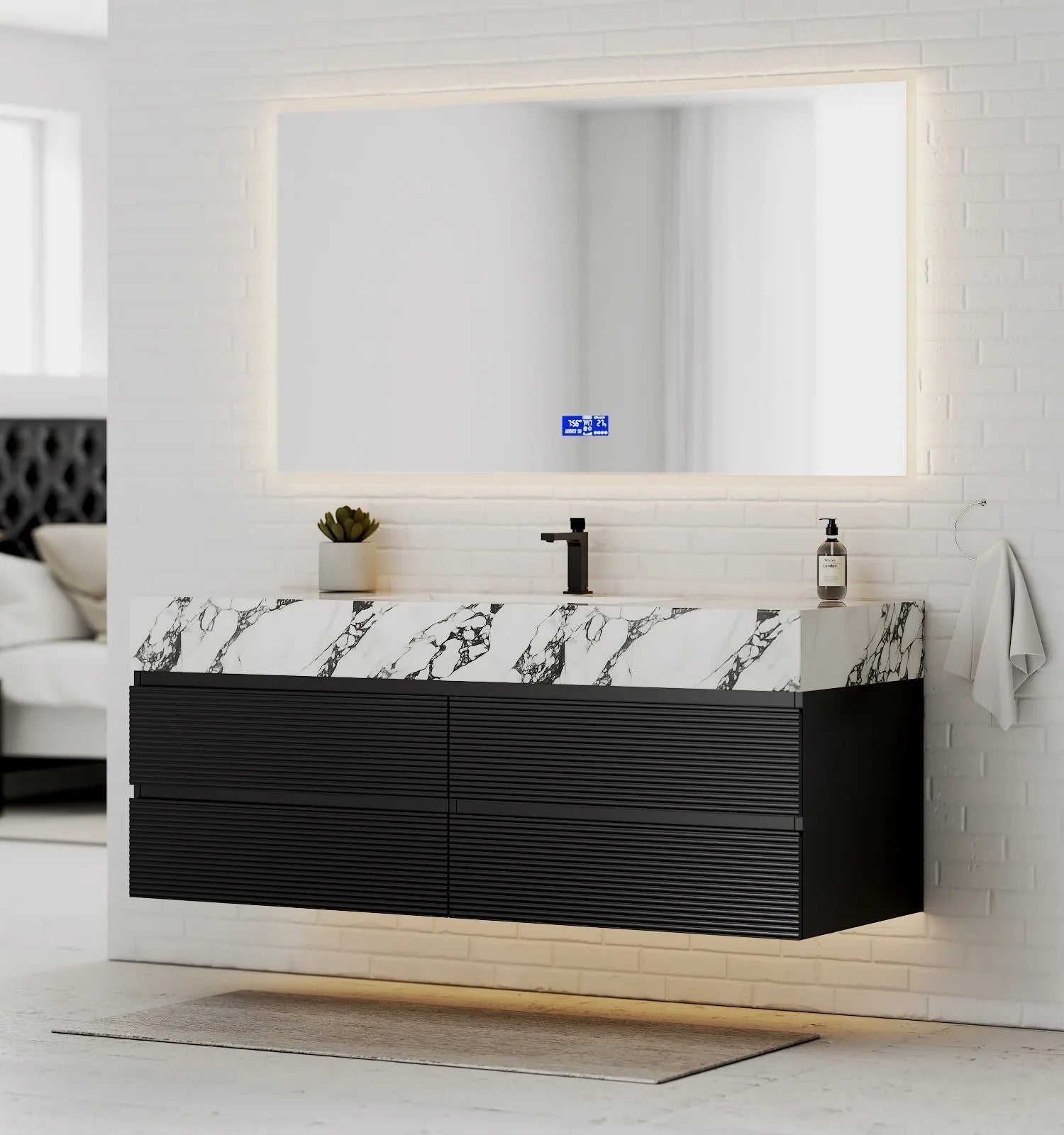 Aventino 60" Black Fluted Floating Single-Sink Vanity with Sintered Stone Top