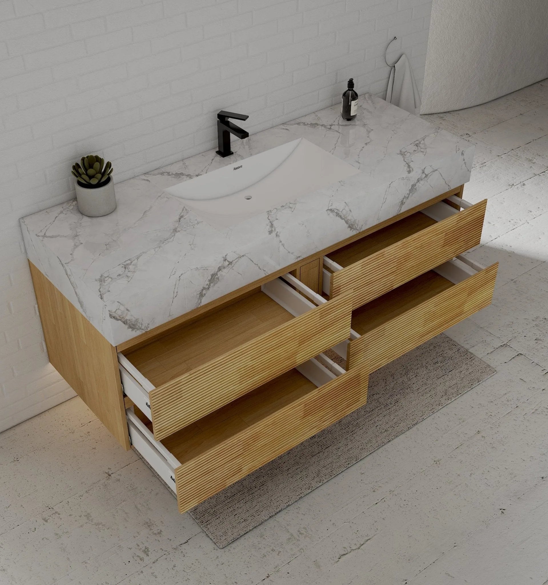 Aventino 60" Black Marquina Gold Veins Natural Oak Floating Single-Sink Vanity with Four Drawers