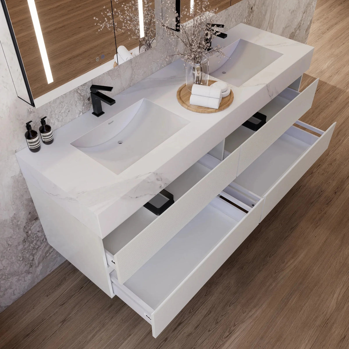 Aventino 60-inch gallery Fluted floating double-sink vanity — sintered stone top