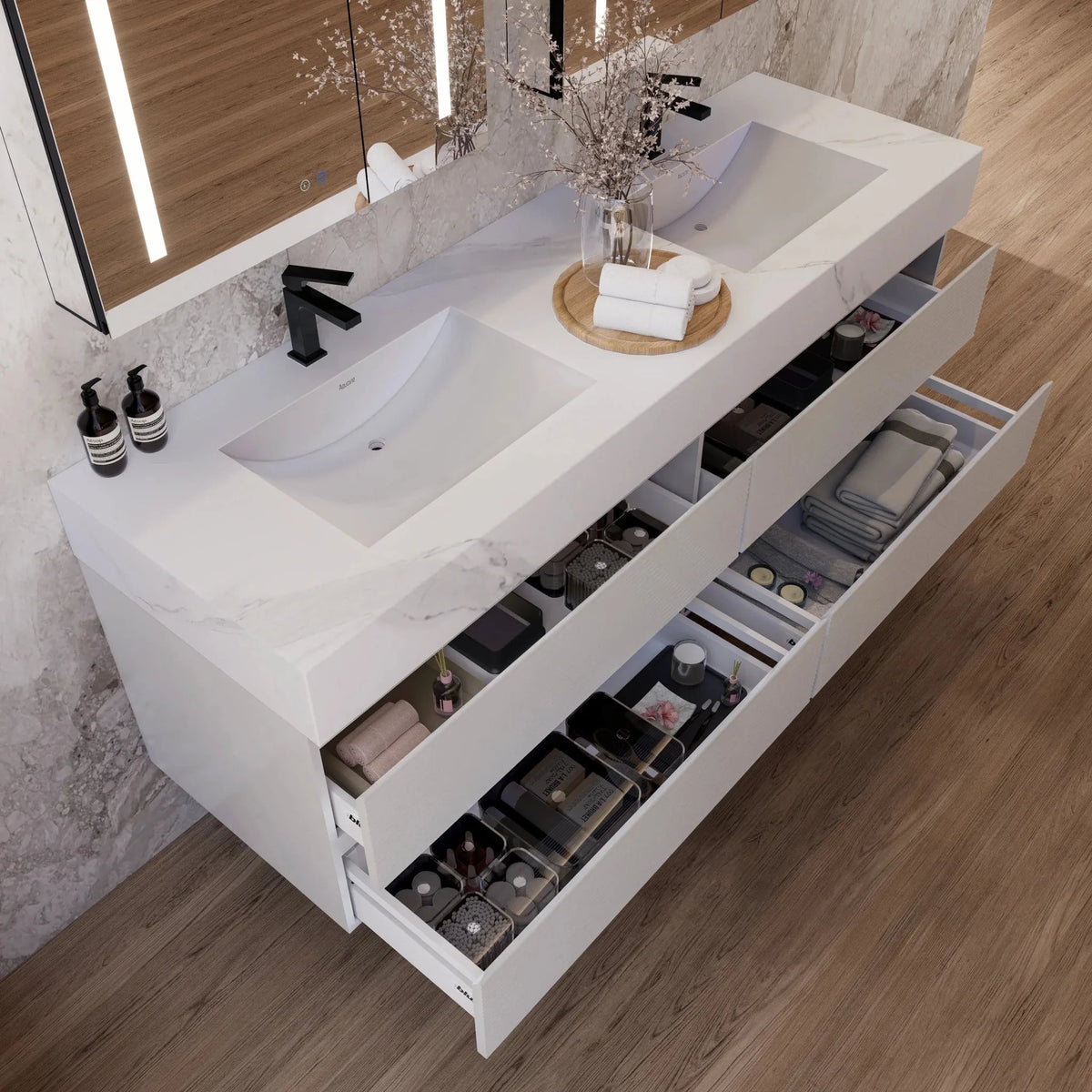 Aventino 60-inch gallery Fluted floating double-sink vanity — sintered stone top