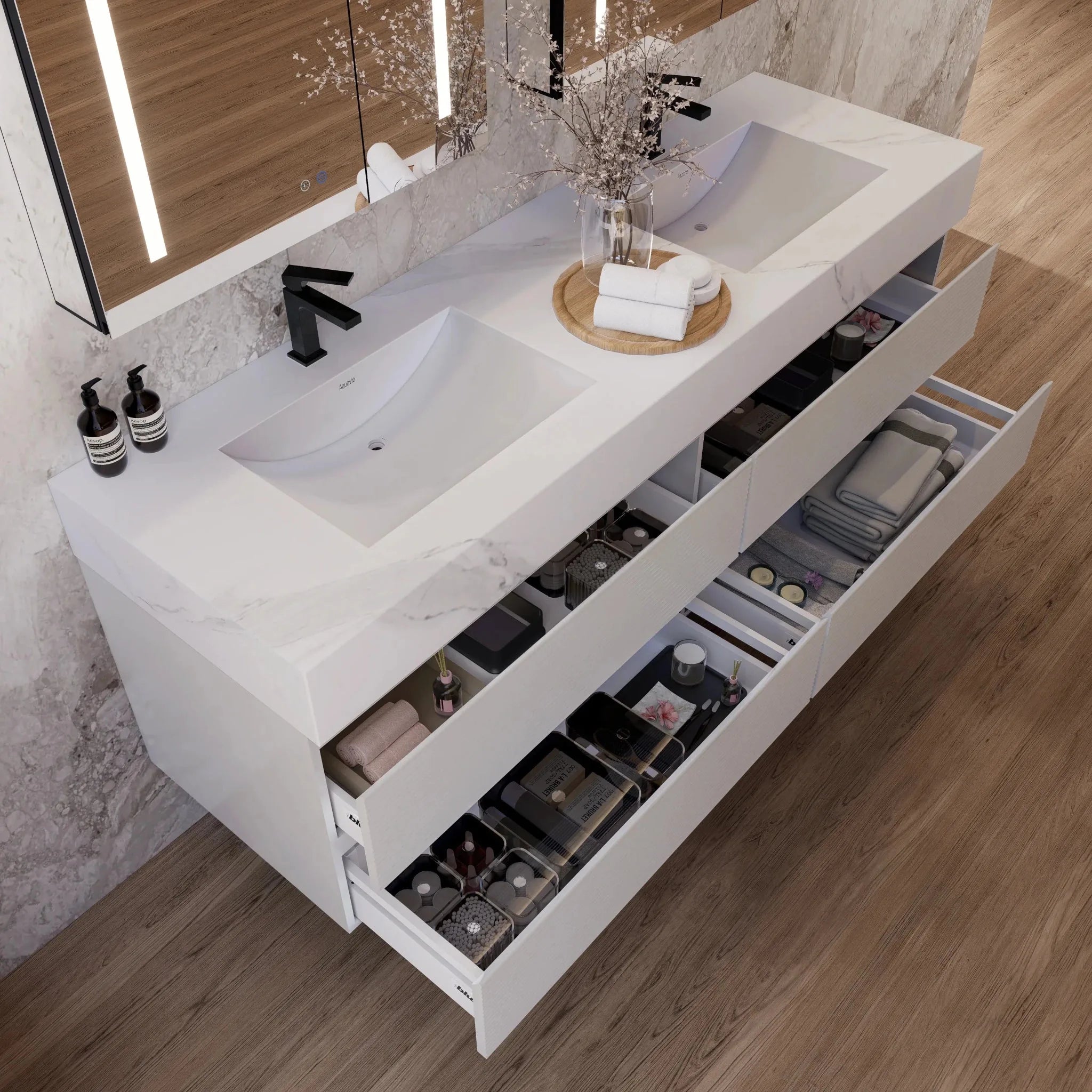 Aventino 60" White Fluted Floating Double-Sink Vanity with Sintered Stone Top