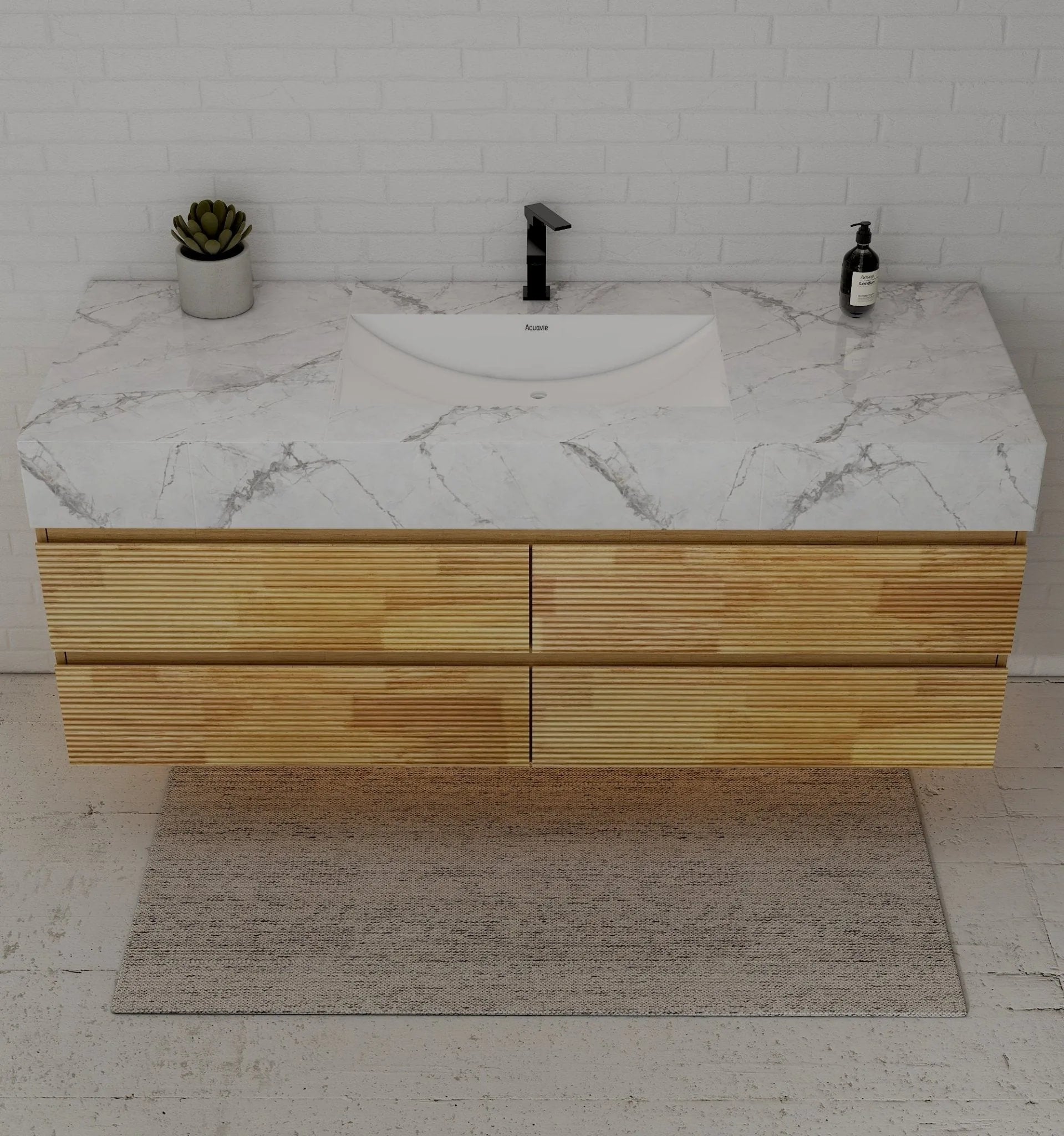 Aventino 60" Black Marquina Gold Veins Natural Oak Floating Single-Sink Vanity with Four Drawers