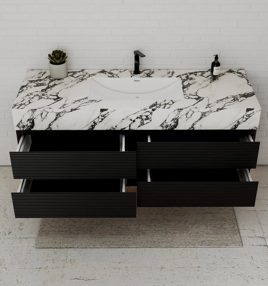 Aventino 60" Black Fluted Floating Single-Sink Vanity with Sintered Stone Top