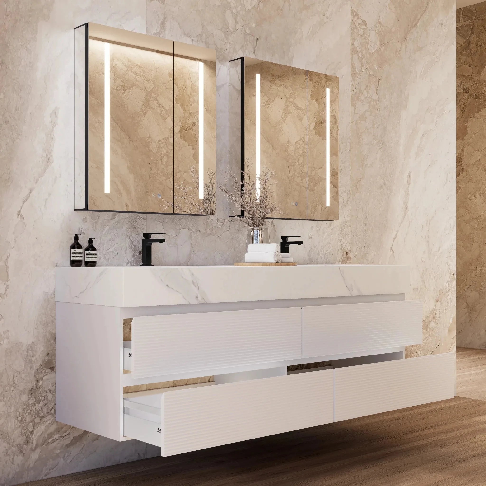 Aventino 60" White Fluted Floating Double-Sink Vanity with Sintered Stone Top