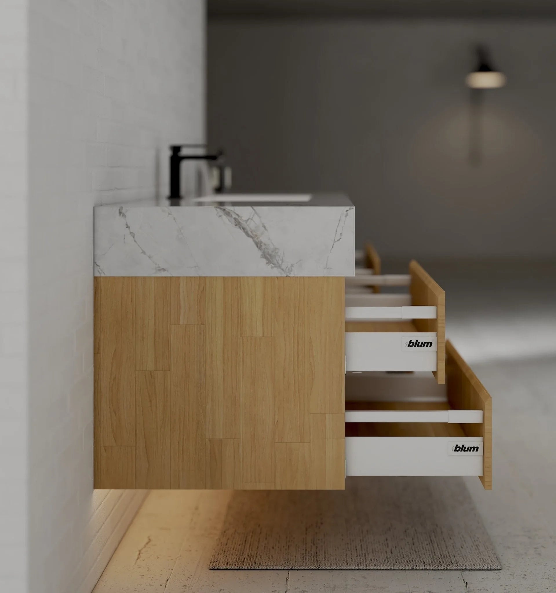 Aventino 60" Black Marquina Gold Veins Natural Oak Floating Single-Sink Vanity with Four Drawers