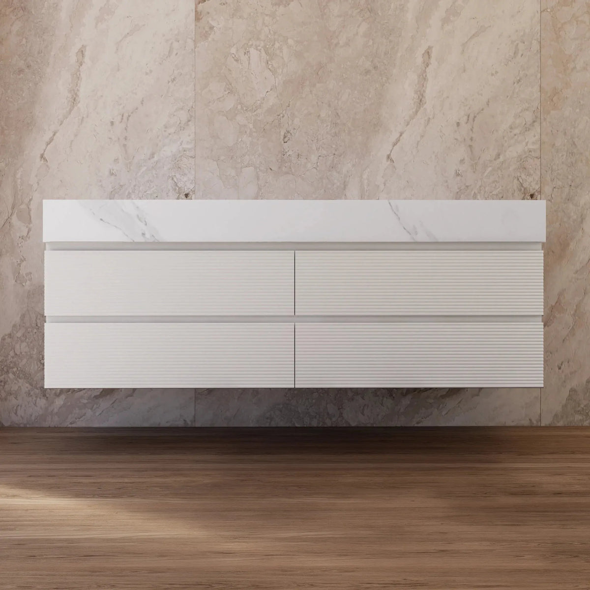 Aventino 60-inch gallery Fluted floating double-sink vanity — sintered stone top