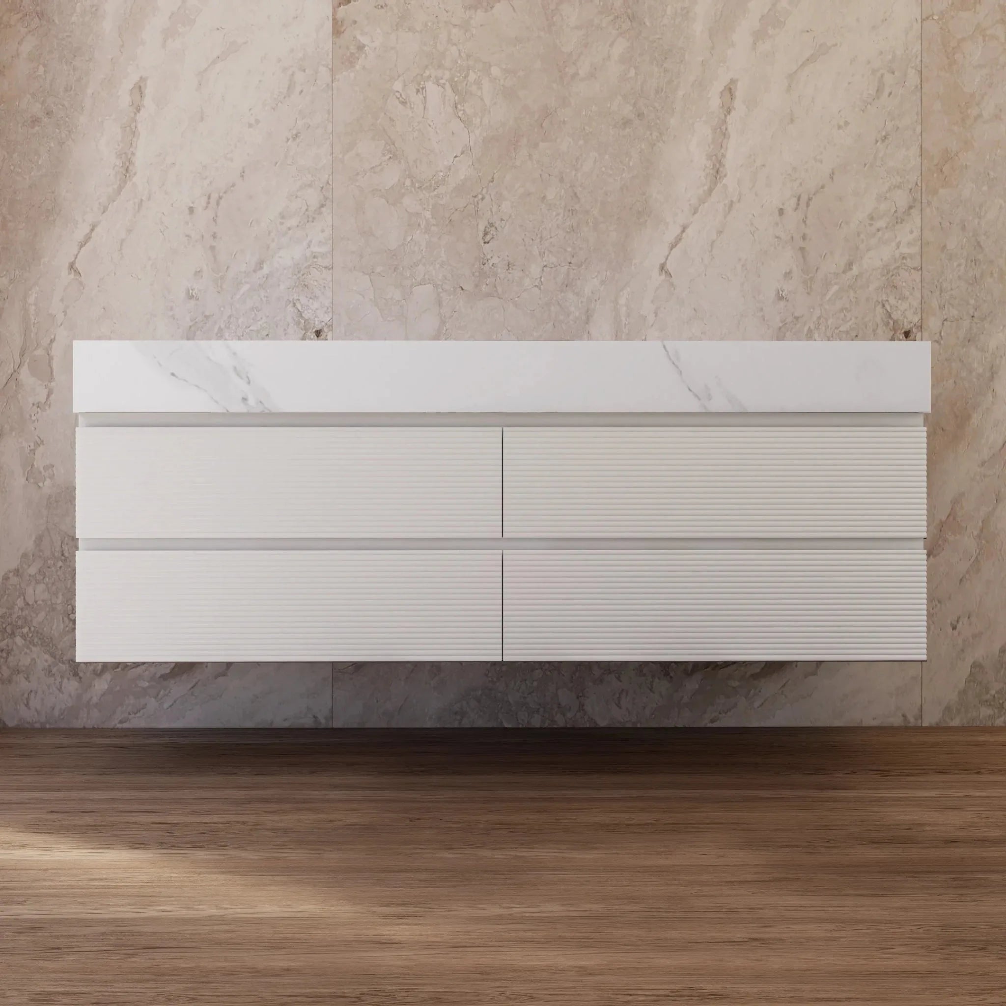 Aventino 60" White Fluted Floating Double-Sink Vanity with Sintered Stone Top