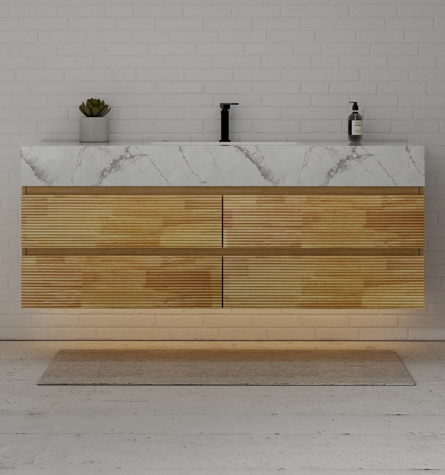 Aventino 60" Black Marquina Gold Veins Natural Oak Floating Single-Sink Vanity with Four Drawers