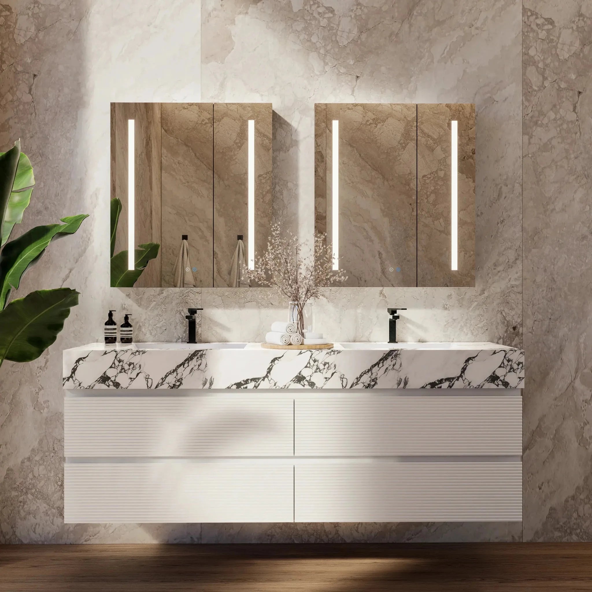 Aventino 60" White Fluted Floating Double-Sink Vanity with Sintered Stone Top