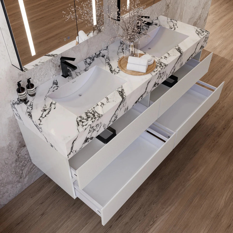 Aventino 60" White Fluted Floating Double-Sink Vanity with Sintered Stone Top