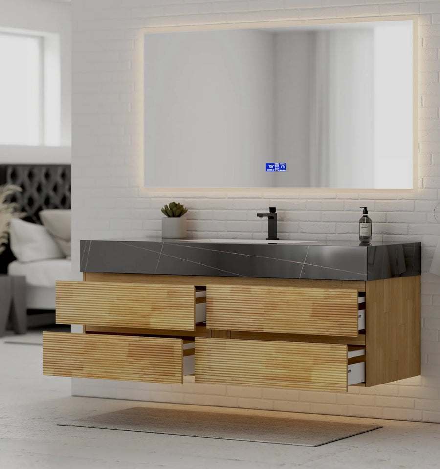 Aventino 60" Black Marquina Gold Veins Natural Oak Floating Single-Sink Vanity with Four Drawers