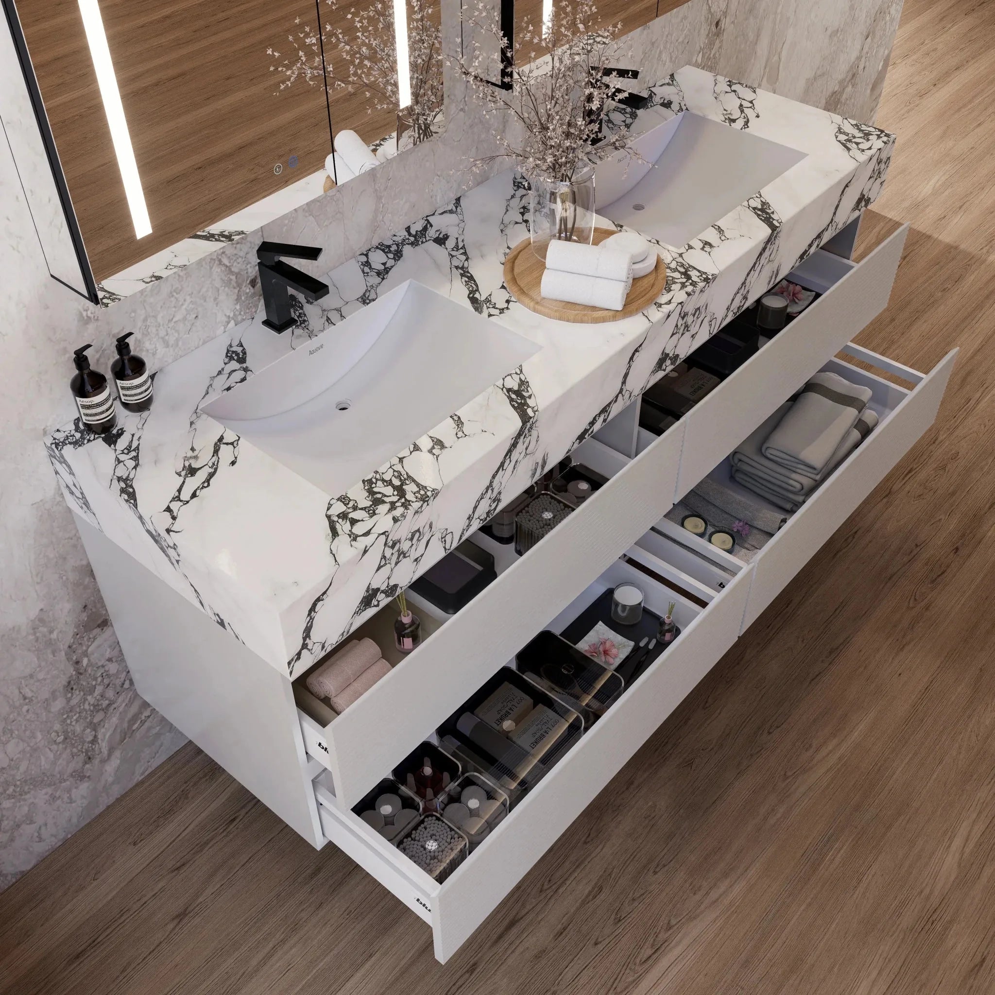 Aventino 60" White Fluted Floating Double-Sink Vanity with Sintered Stone Top