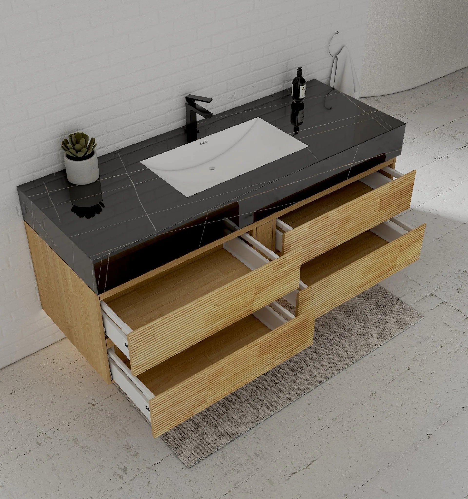 Aventino 60" Black Marquina Gold Veins Natural Oak Floating Single-Sink Vanity with Four Drawers
