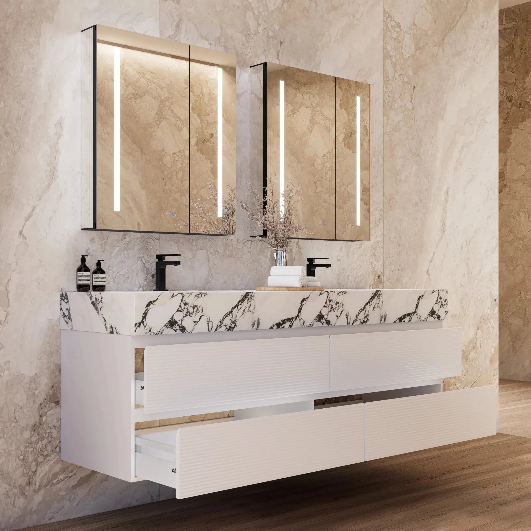 Aventino 60" White Fluted Floating Double-Sink Vanity with Sintered Stone Top