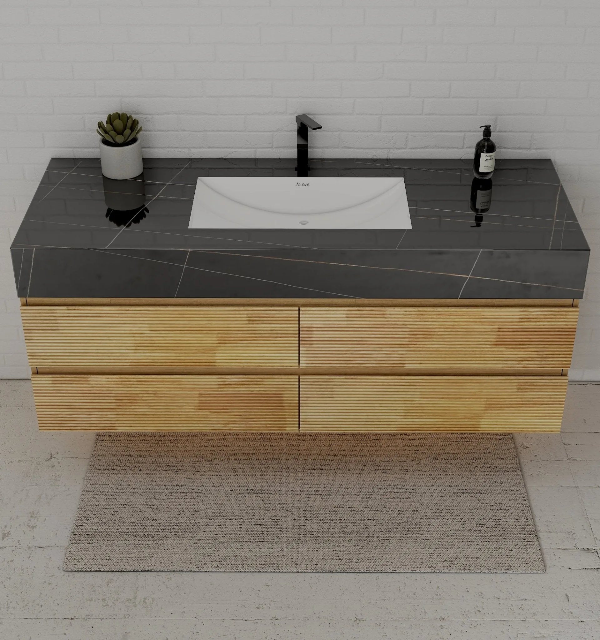 Aventino 60" Black Marquina Gold Veins Natural Oak Floating Single-Sink Vanity with Four Drawers