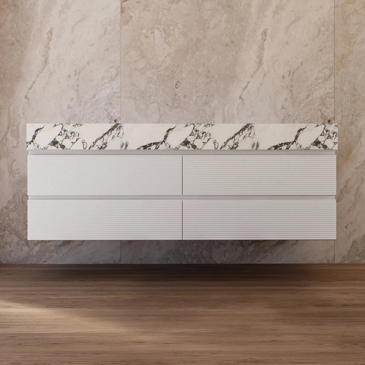 Aventino 60-inch gallery Fluted floating double-sink vanity — sintered stone top