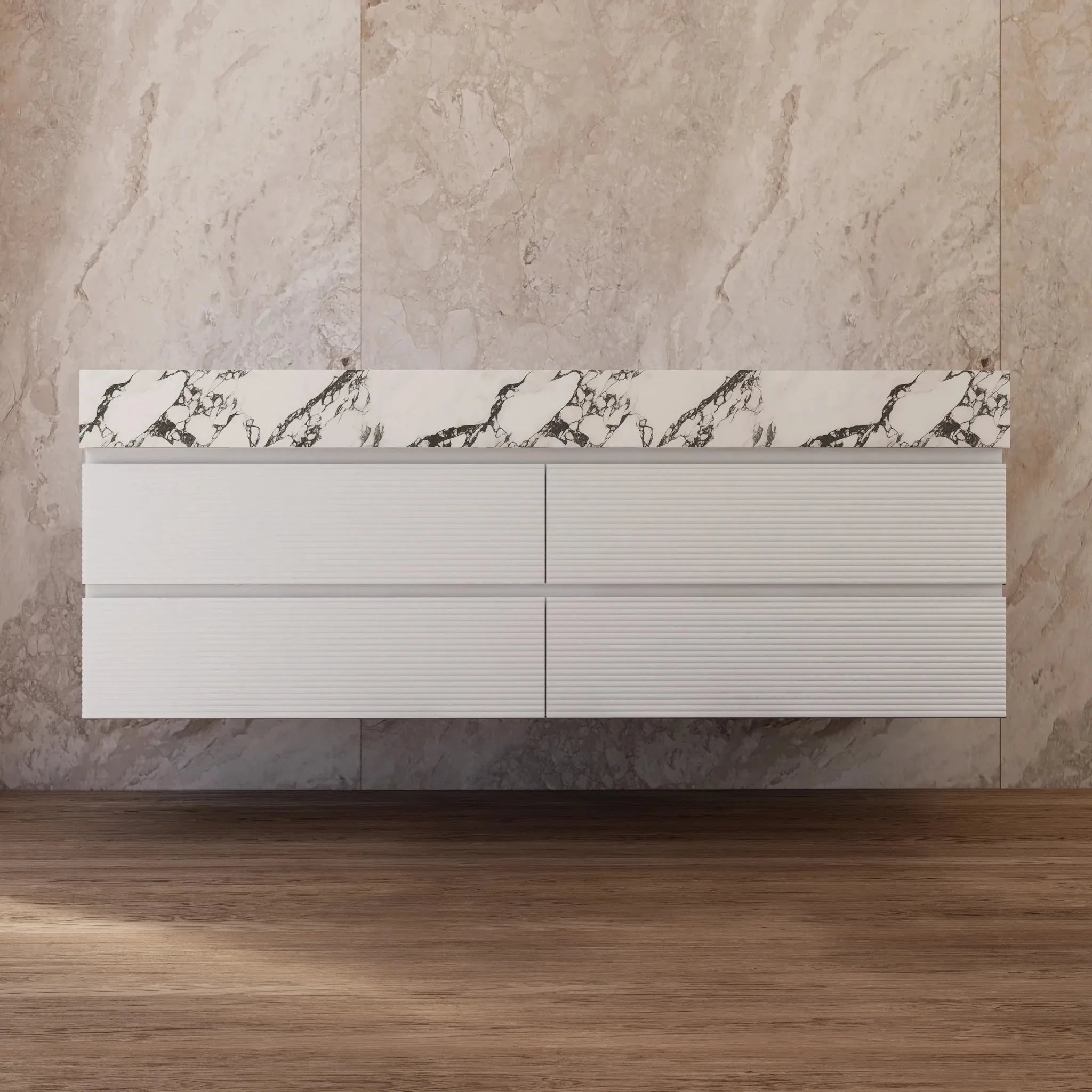 Aventino 60" White Fluted Floating Double-Sink Vanity with Sintered Stone Top