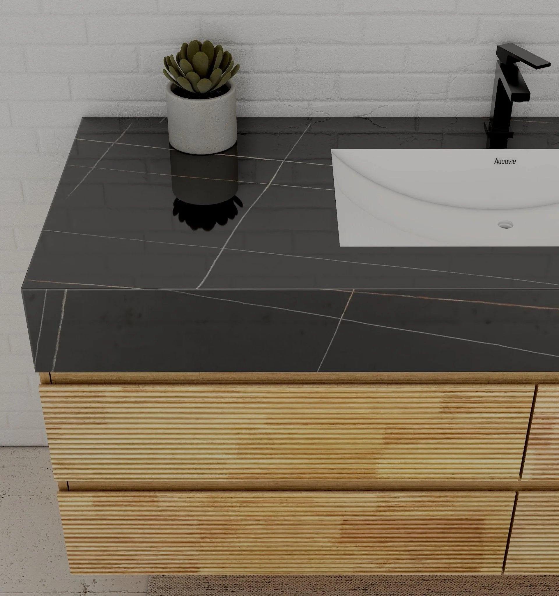 Aventino 60" Black Marquina Gold Veins Natural Oak Floating Single-Sink Vanity with Four Drawers