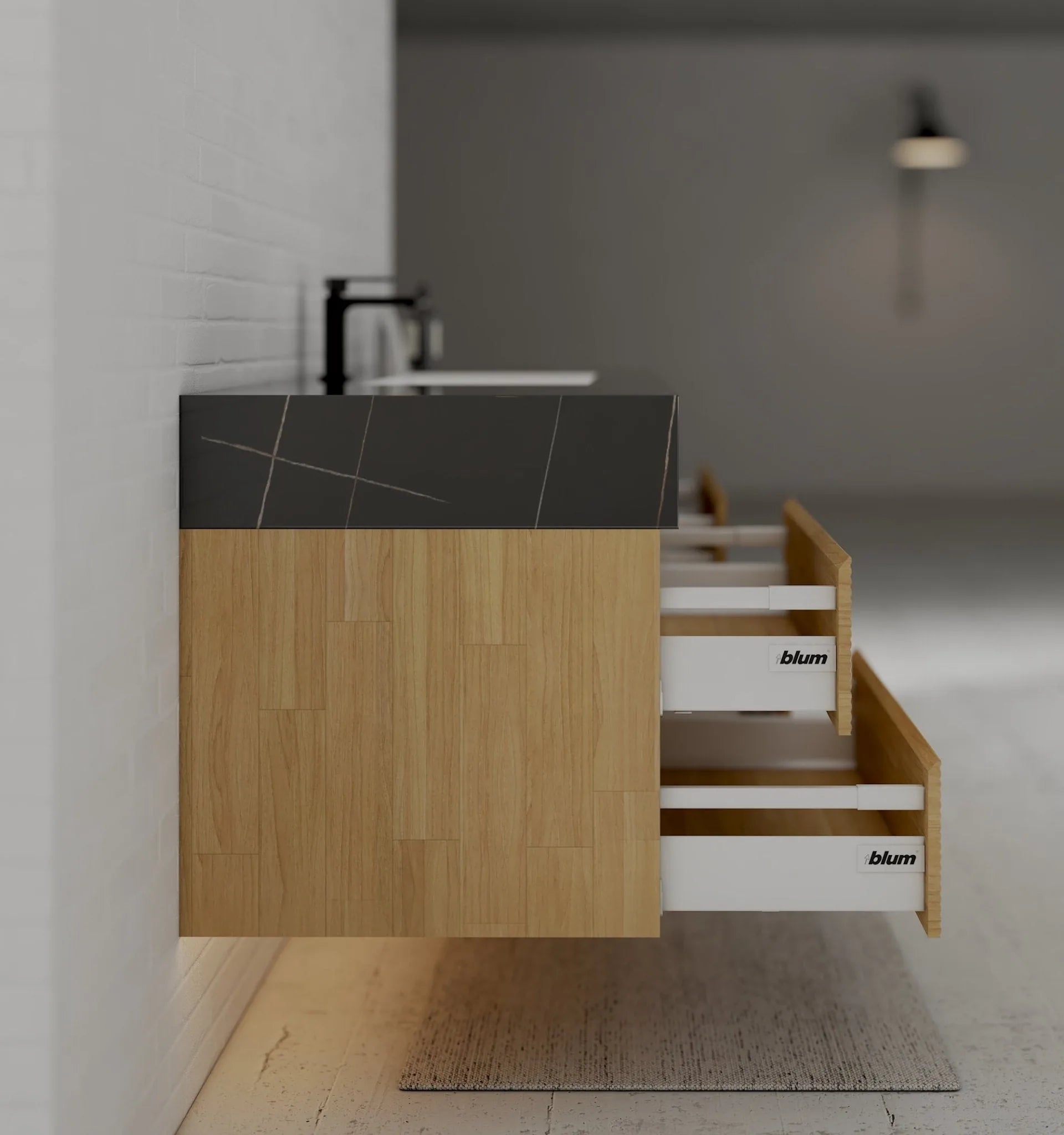 Aventino 60" Black Marquina Gold Veins Natural Oak Floating Single-Sink Vanity with Four Drawers