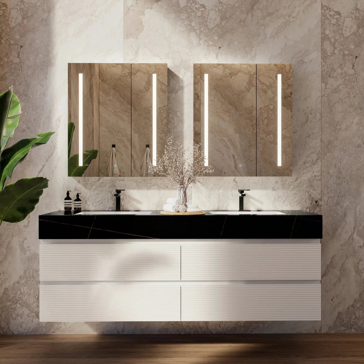 Aventino 60-inch gallery Fluted floating double-sink vanity — sintered stone top