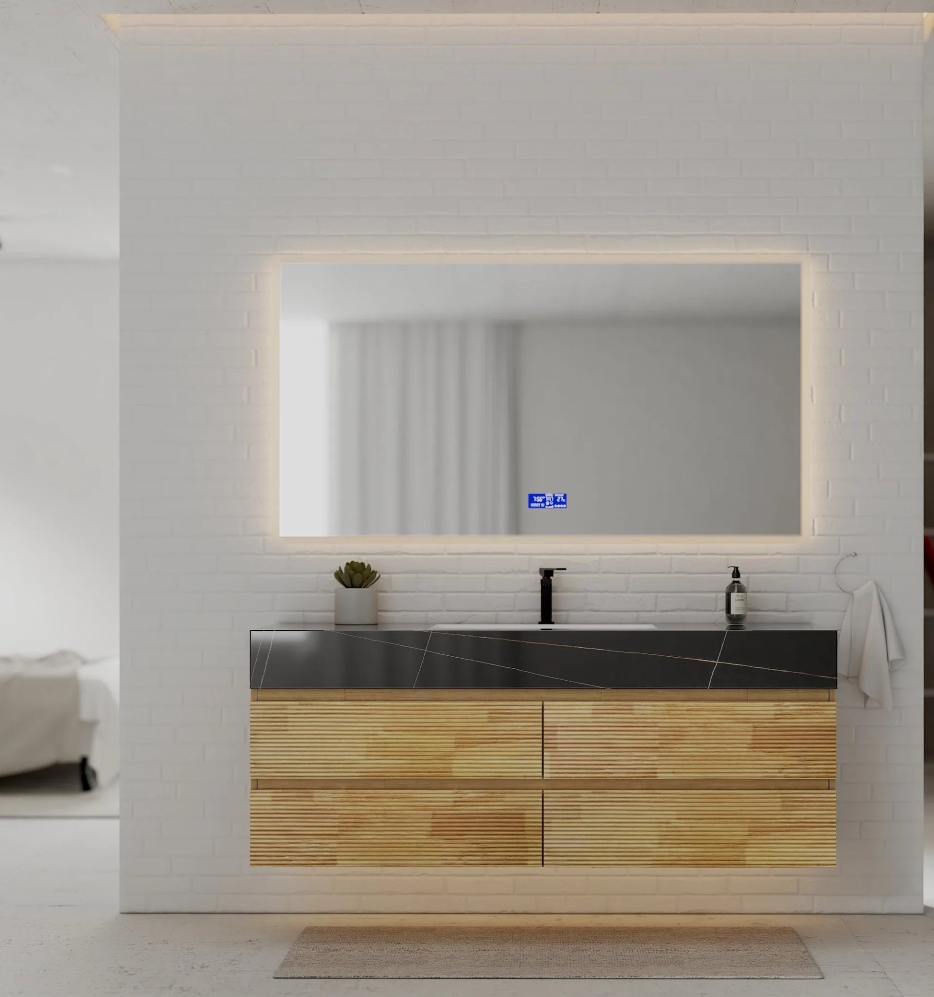 Aventino 60" Black Marquina Gold Veins Natural Oak Floating Single-Sink Vanity with Four Drawers
