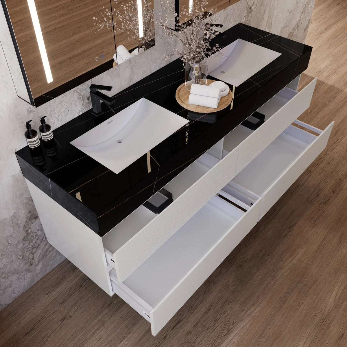 Aventino 60-inch gallery Fluted floating double-sink vanity — sintered stone top
