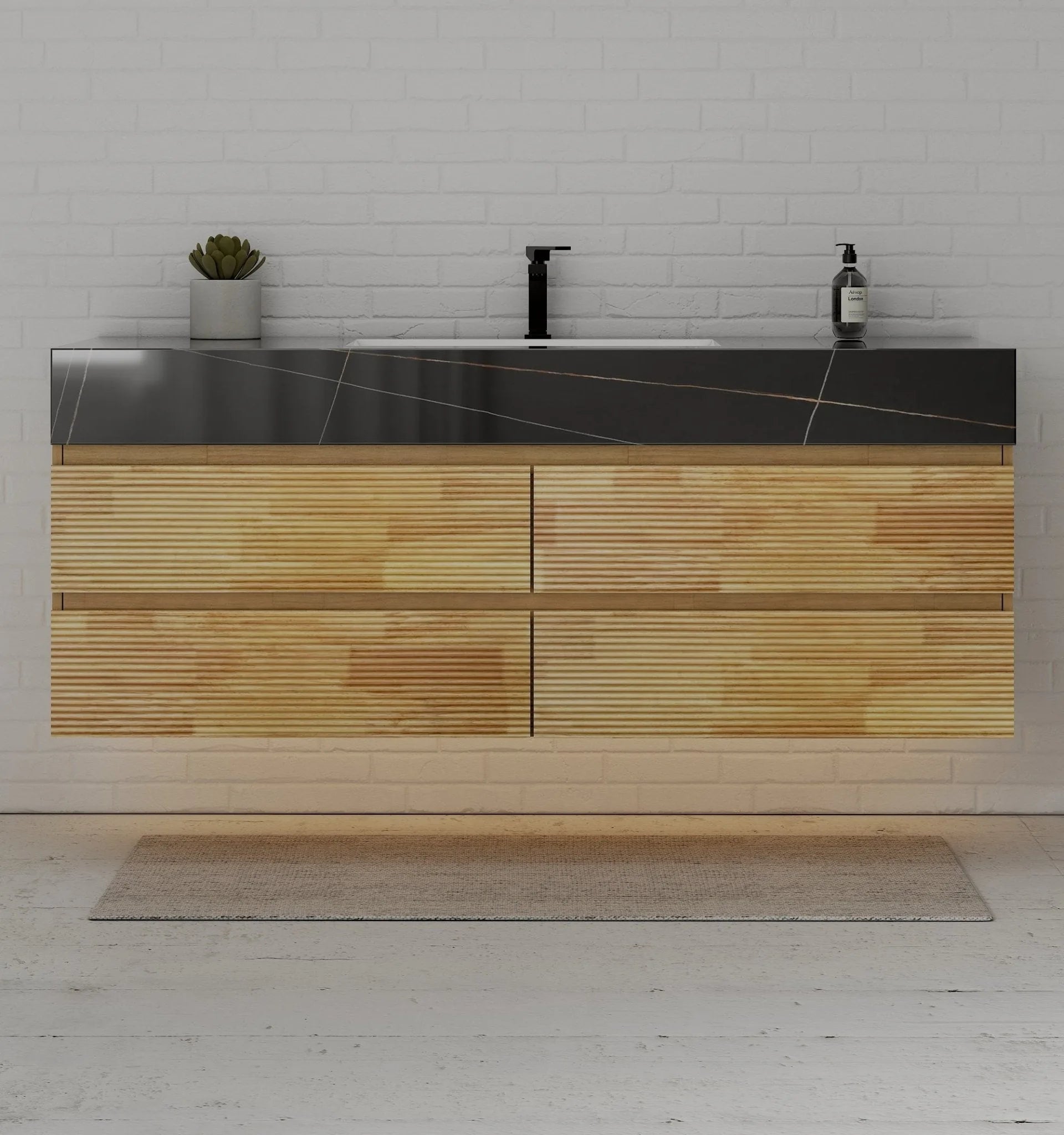 Aventino 60" Black Marquina Gold Veins Natural Oak Floating Single-Sink Vanity with Four Drawers