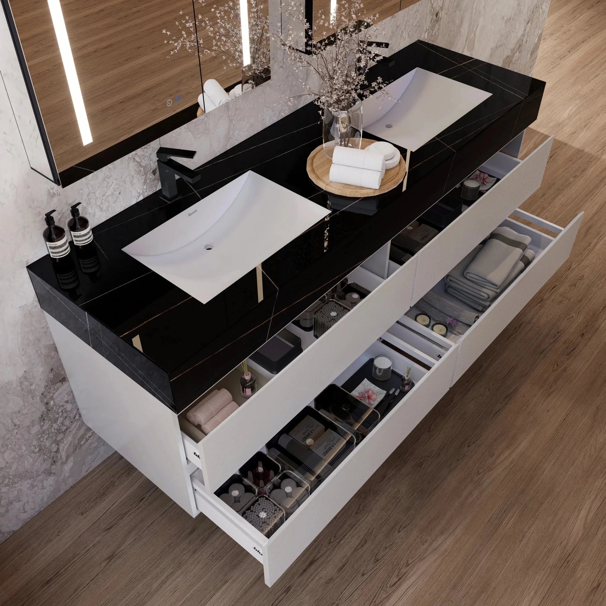 Aventino 60" White Fluted Floating Double-Sink Vanity with Sintered Stone Top
