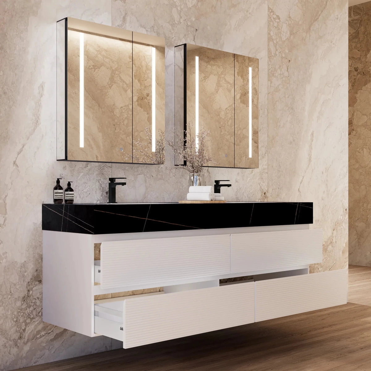 Aventino 60-inch gallery Fluted floating double-sink vanity — sintered stone top
