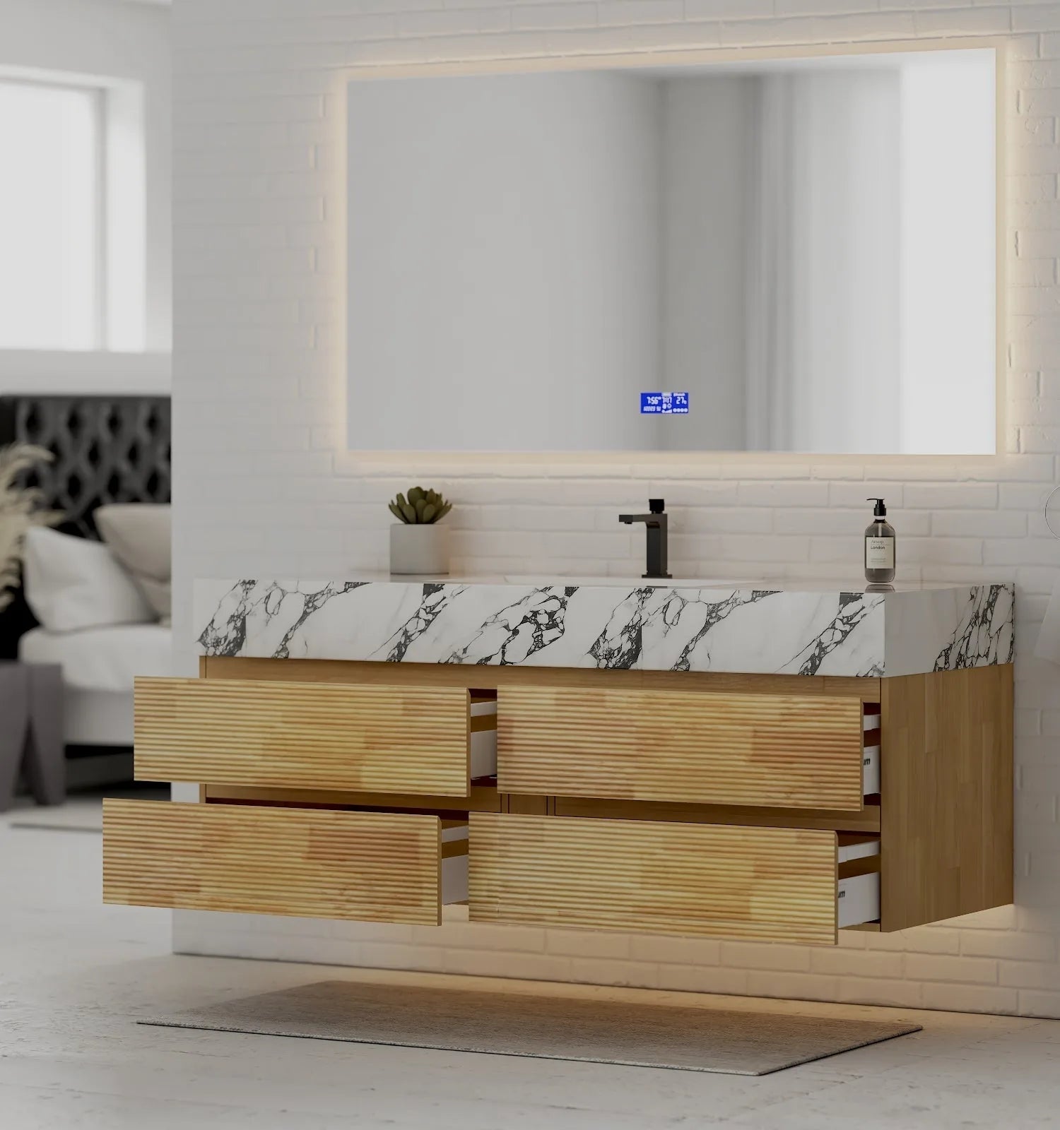 Aventino 60" Black Marquina Gold Veins Natural Oak Floating Single-Sink Vanity with Four Drawers