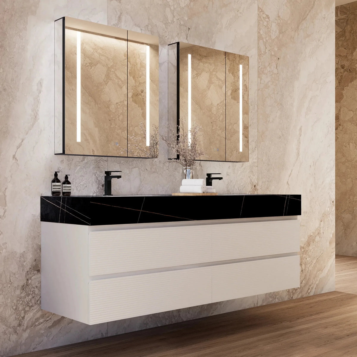 Aventino 60-inch gallery Fluted floating double-sink vanity — sintered stone top