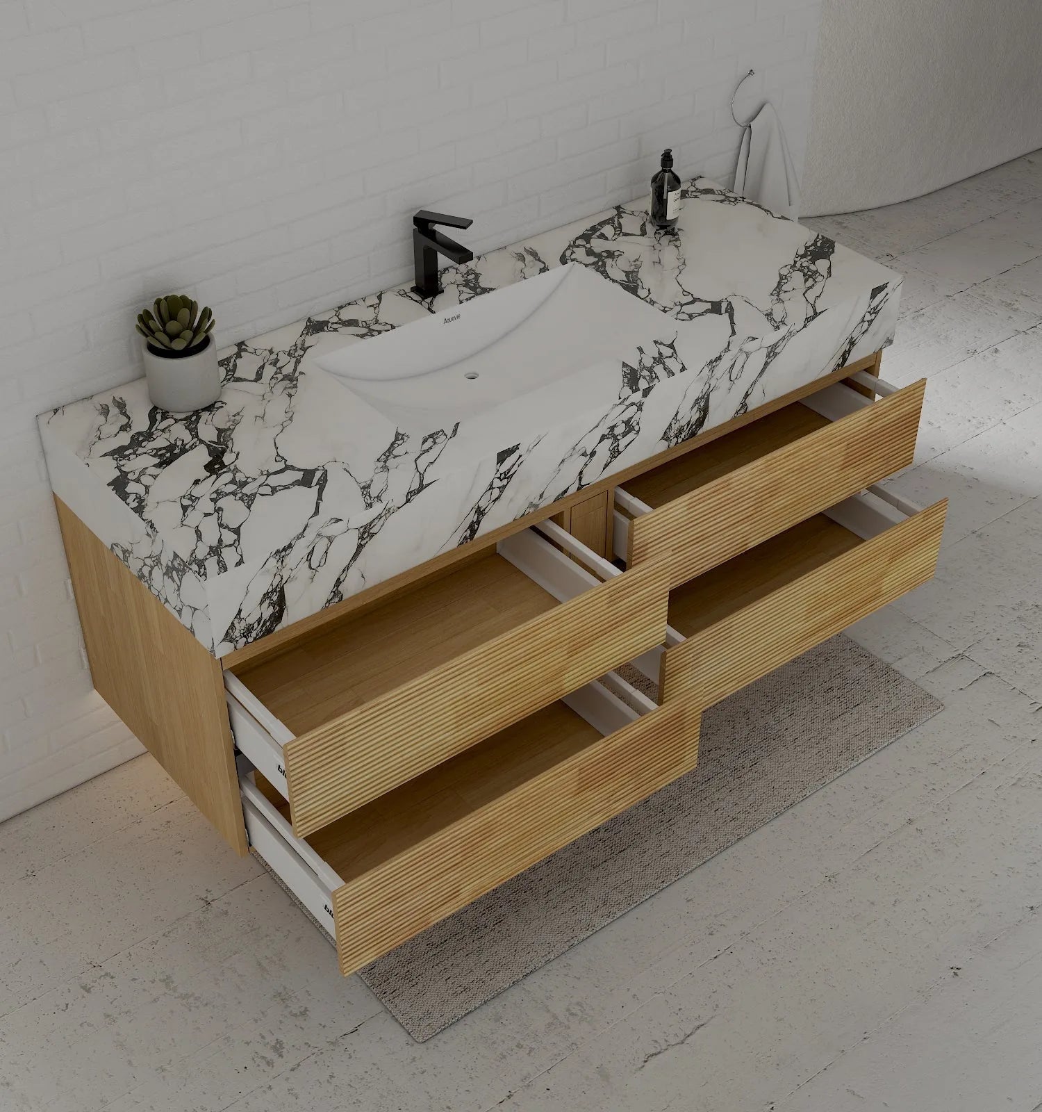 Aventino 60" Black Marquina Gold Veins Natural Oak Floating Single-Sink Vanity with Four Drawers