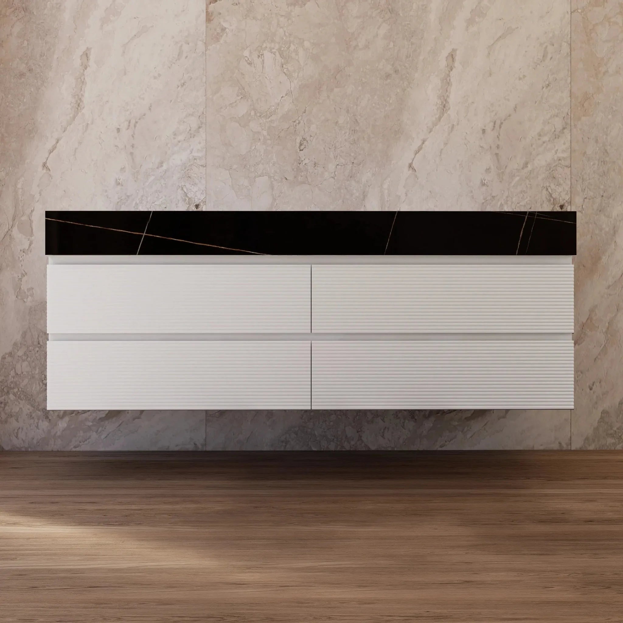 Aventino 60" White Fluted Floating Double-Sink Vanity with Sintered Stone Top