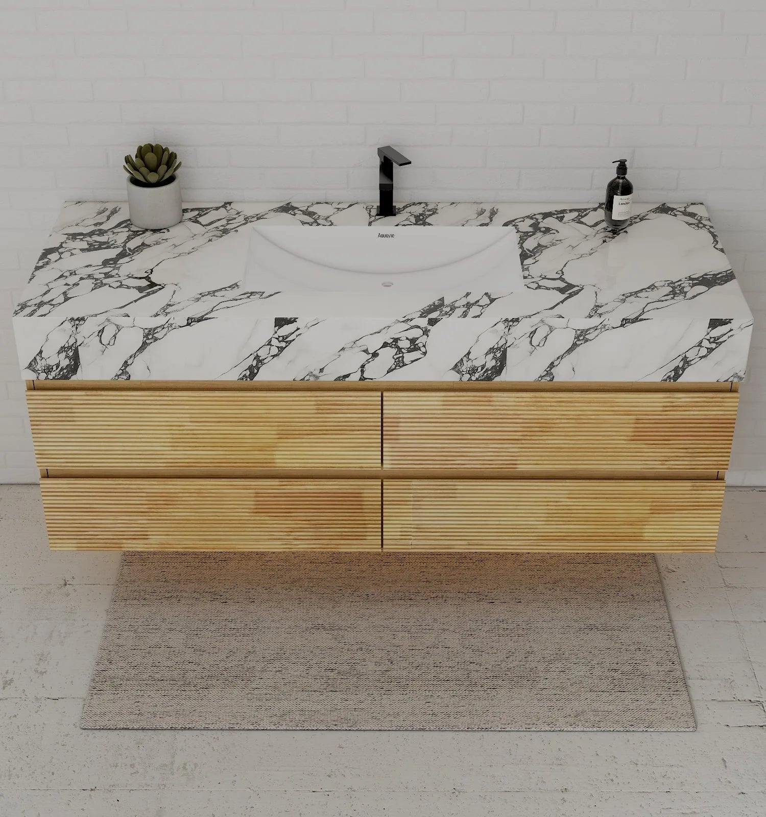 Aventino 60" Black Marquina Gold Veins Natural Oak Floating Single-Sink Vanity with Four Drawers