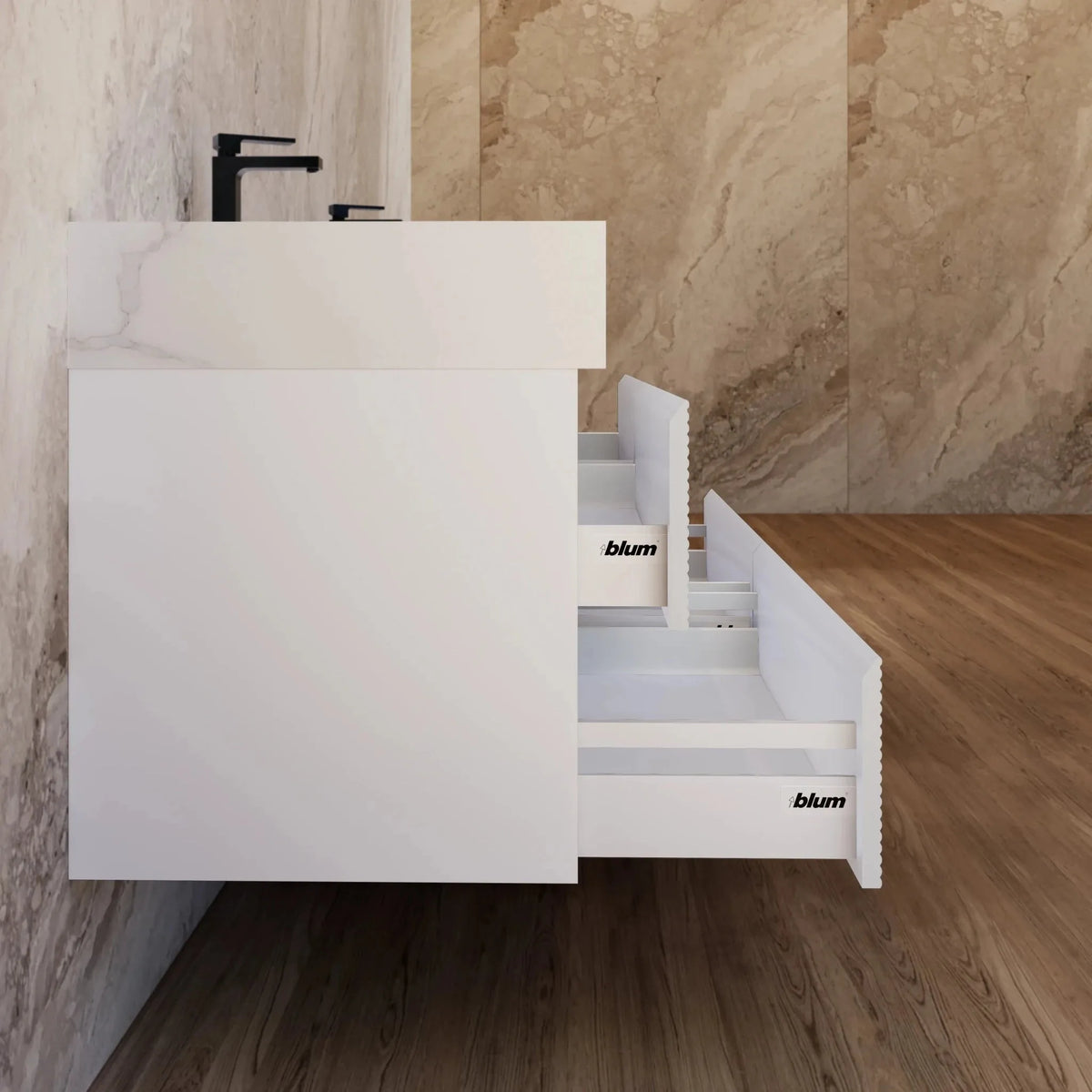 Aventino 60-inch gallery Fluted floating double-sink vanity — sintered stone top