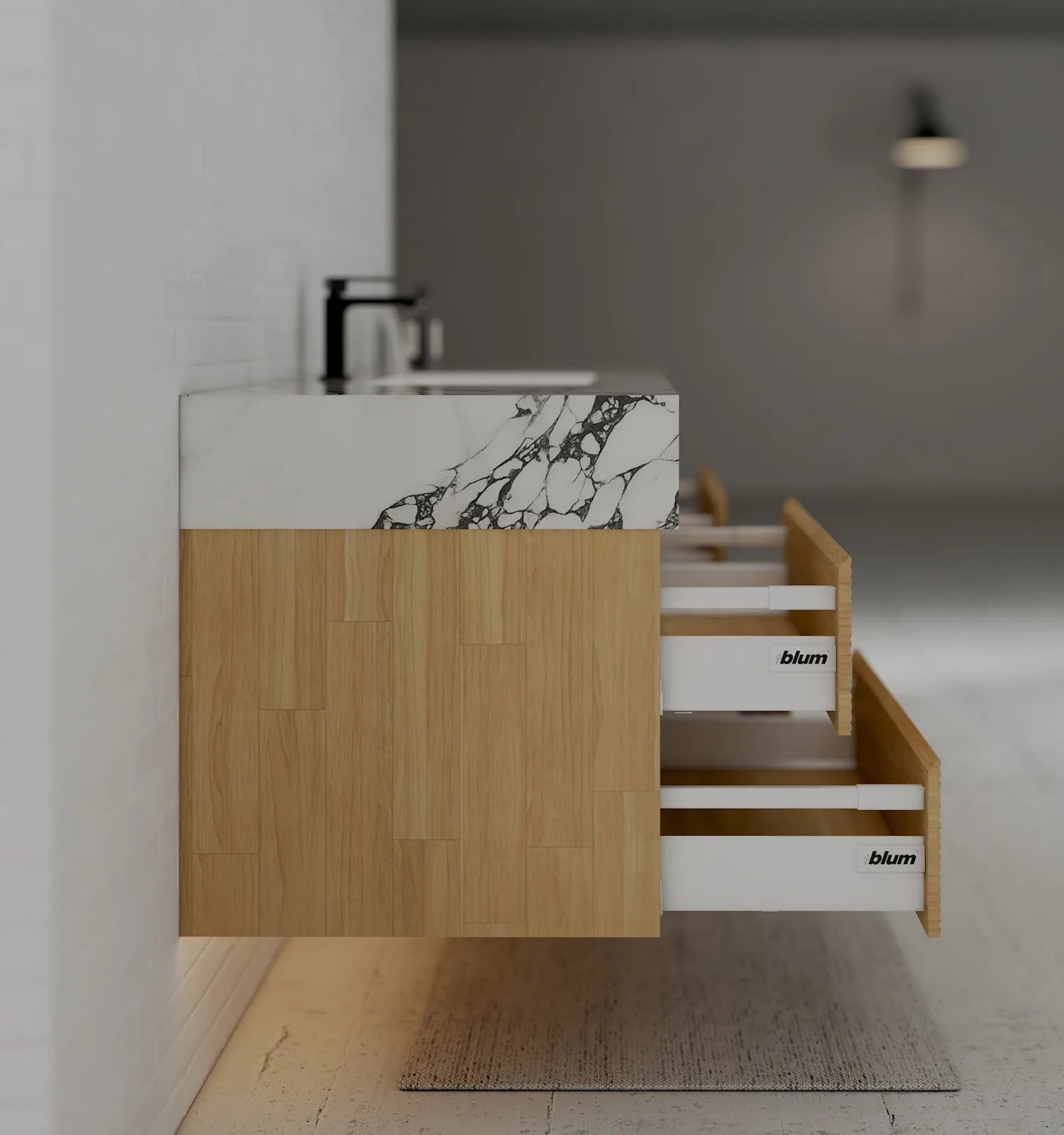 Aventino 60" Black Marquina Gold Veins Natural Oak Floating Single-Sink Vanity with Four Drawers