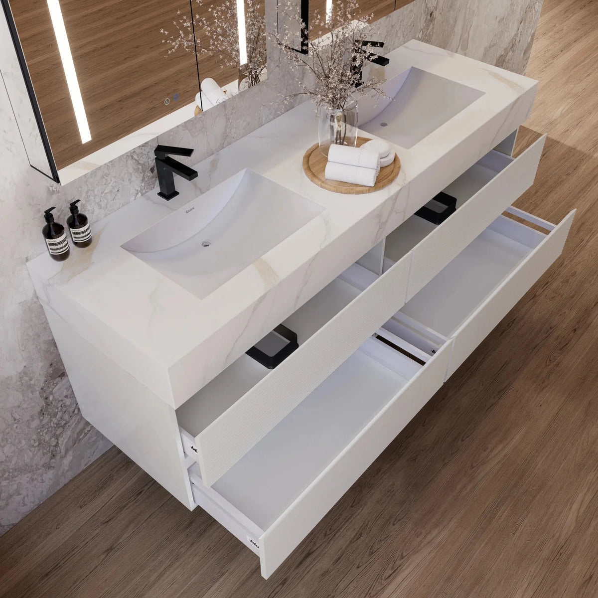 Aventino 60-inch gallery Fluted floating double-sink vanity — sintered stone top