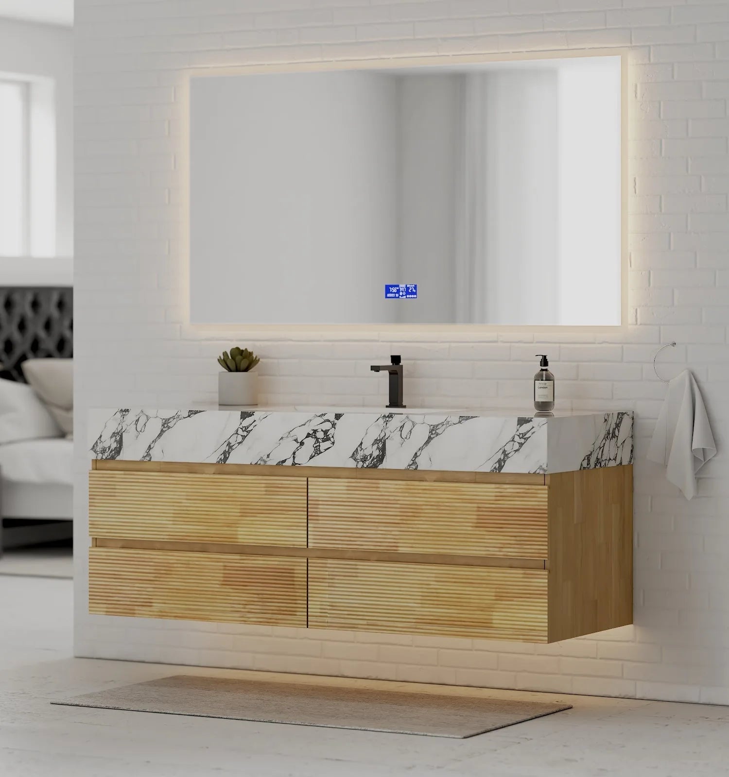 Aventino 60" Black Marquina Gold Veins Natural Oak Floating Single-Sink Vanity with Four Drawers
