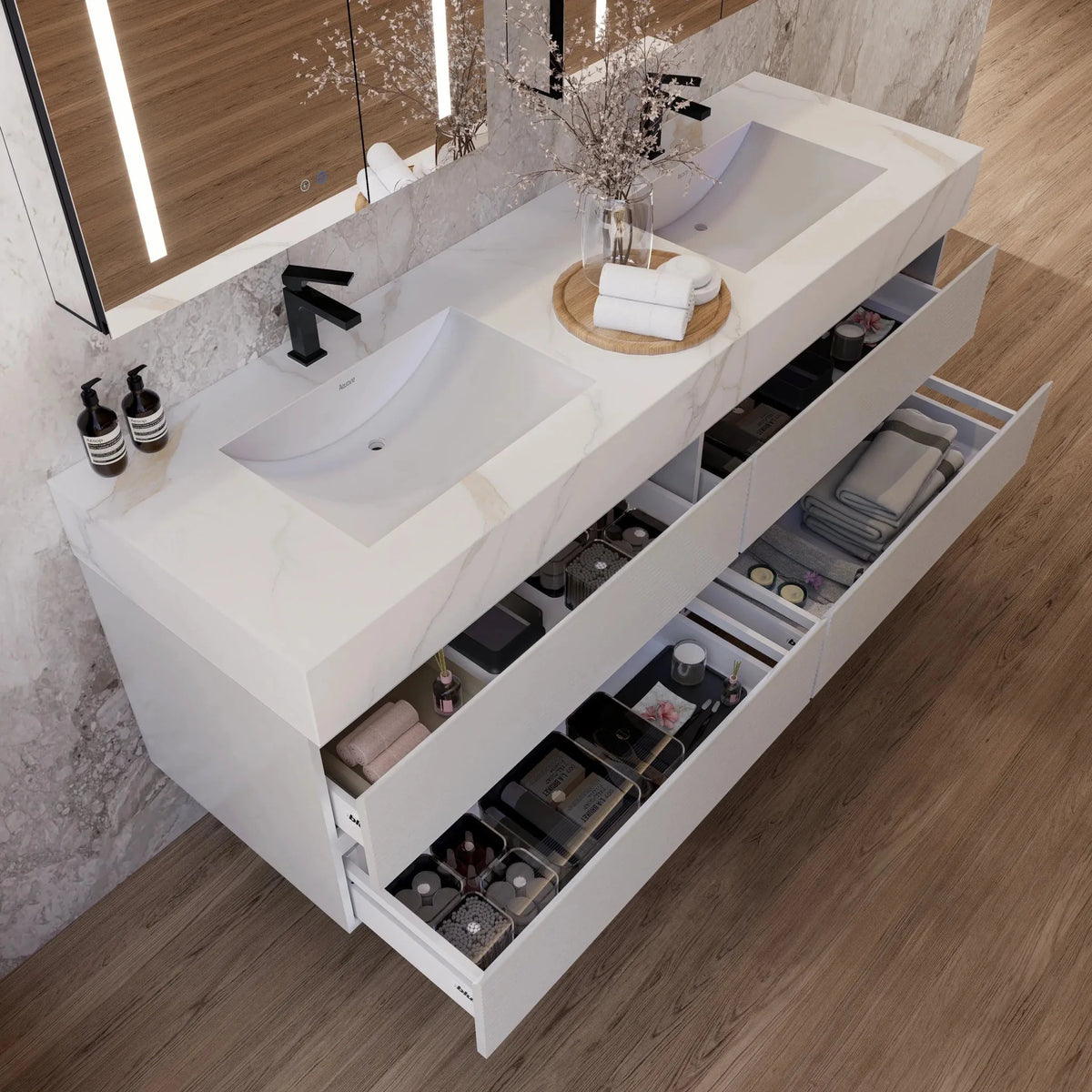 Aventino 60-inch gallery Fluted floating double-sink vanity — sintered stone top