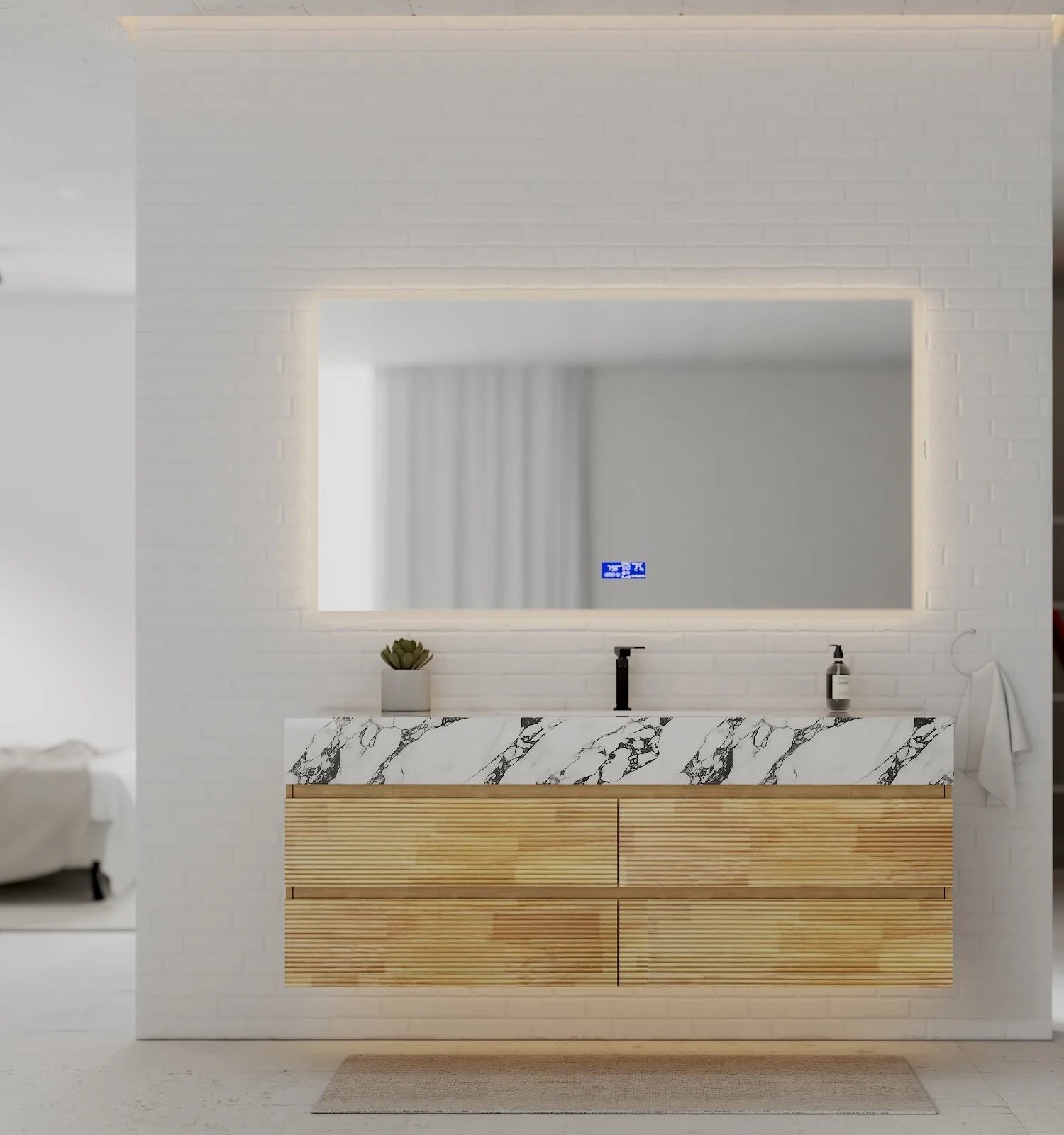Aventino 60" Black Marquina Gold Veins Natural Oak Floating Single-Sink Vanity with Four Drawers
