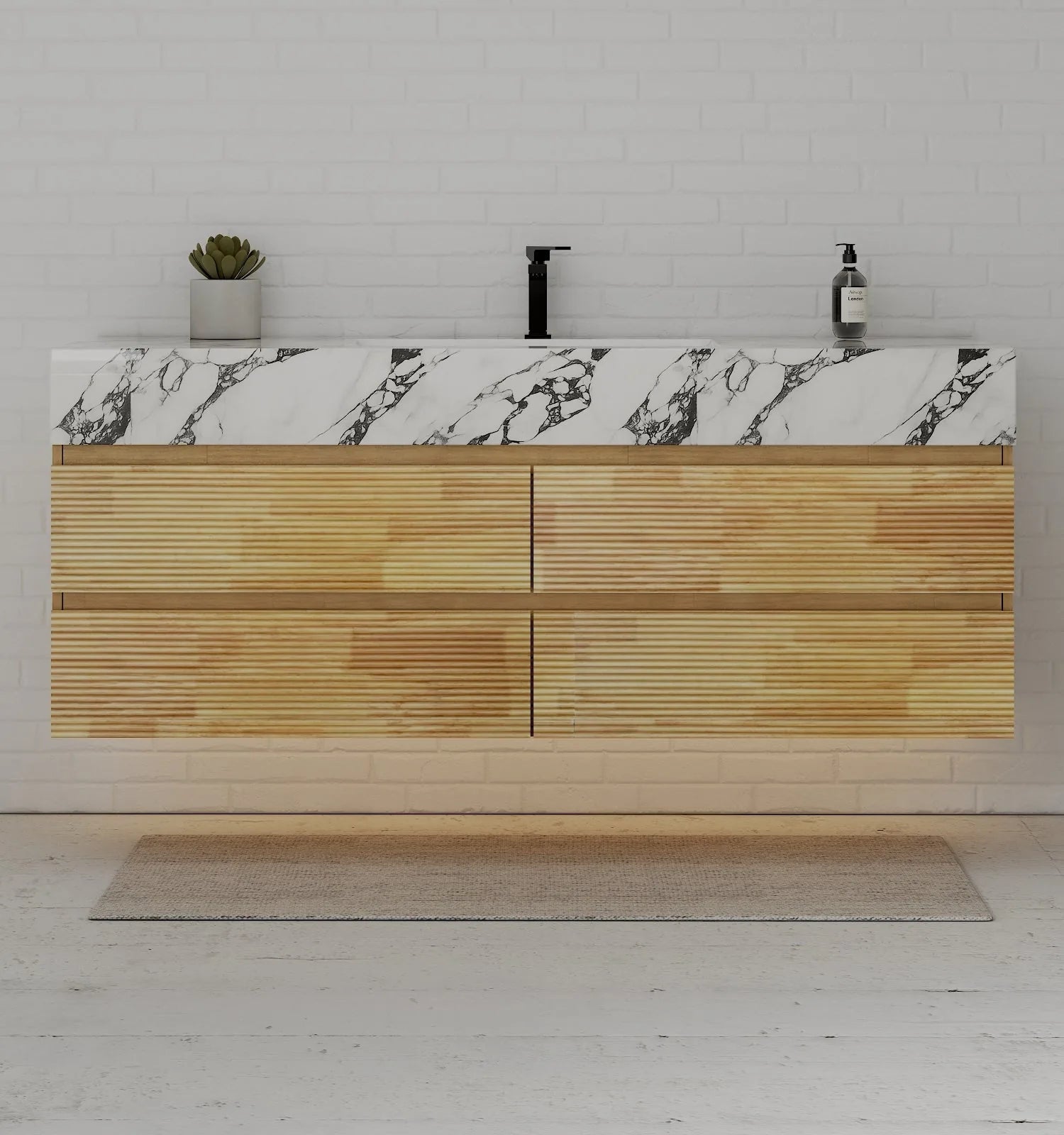 Aventino 60" Black Marquina Gold Veins Natural Oak Floating Single-Sink Vanity with Four Drawers